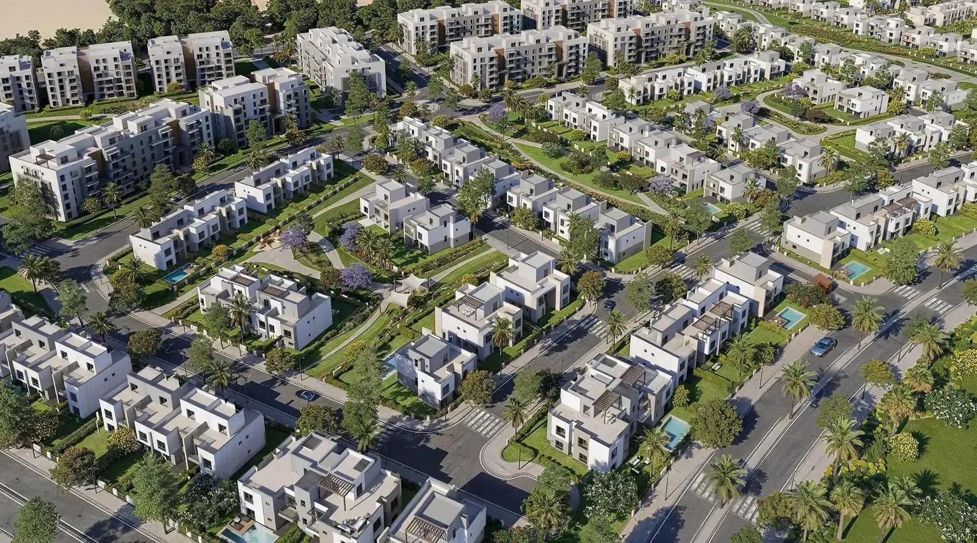 Tree-lined streets and green courts from above